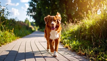 A brown and white dog walking along a sunny paved path with its tongue out, surrounded by greenery.