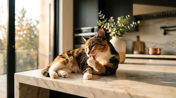 A calico cat grooming itself while lying on a sunlit marble kitchen bench.