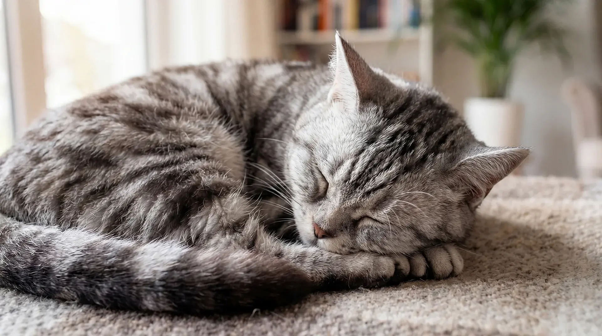 A grey tabby cat curled up asleep on a carpeted floor.